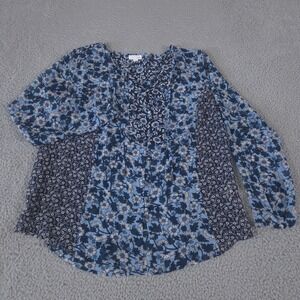 J Jill Top Womens Medium Blue Floral Tunic Button Up Tie Neck Sheer Coastal Boho